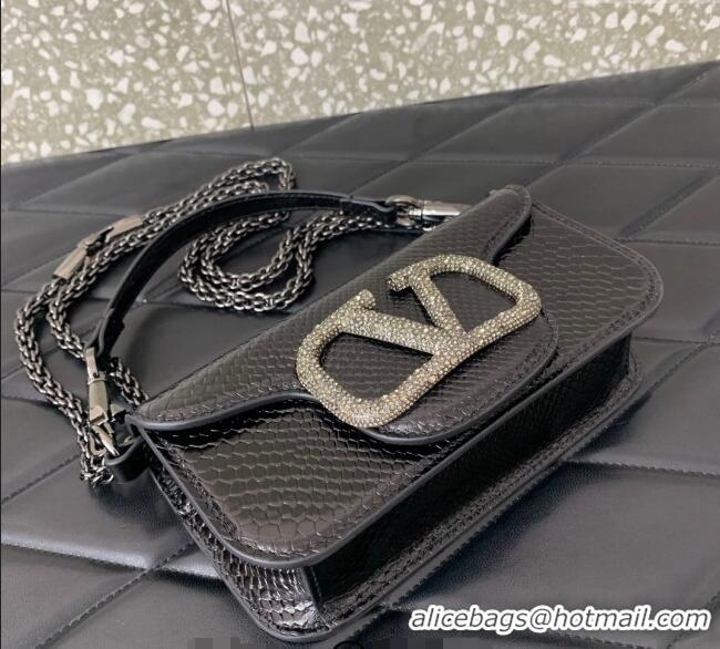 Best Price Valentino Loco Small Shoulder Bag in Snakeskin Embossed Leather with Strass VLTN5030 Black 2024