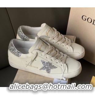 Durable Golden Goose Women’s Super-Star with silver glitter star and heel tab in white leather 0902099