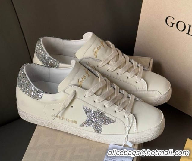Durable Golden Goose Women’s Super-Star with silver glitter star and heel tab in white leather 0902099