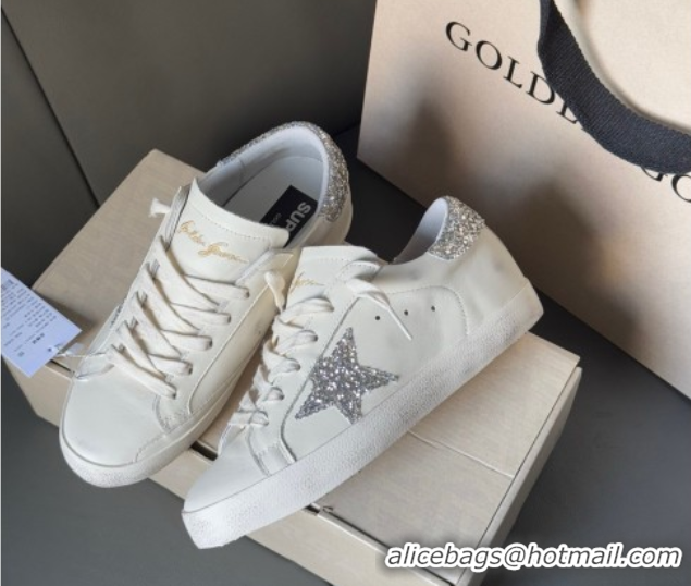 Durable Golden Goose Women’s Super-Star with silver glitter star and heel tab in white leather 0902099