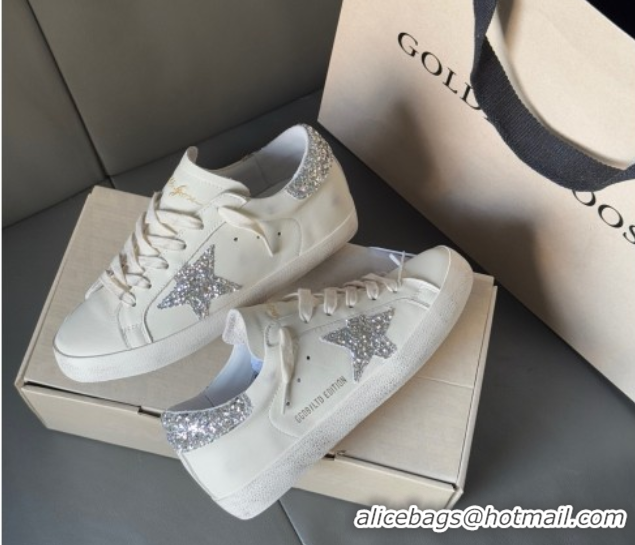 Durable Golden Goose Women’s Super-Star with silver glitter star and heel tab in white leather 0902099