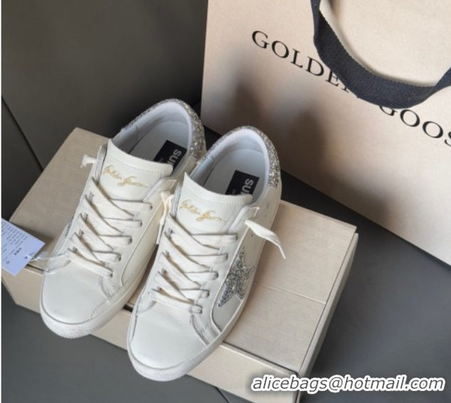 Durable Golden Goose Women’s Super-Star with silver glitter star and heel tab in white leather 0902099
