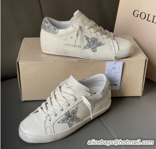 Durable Golden Goose Women’s Super-Star with silver glitter star and heel tab in white leather 0902099