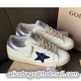 Discount Golden Goose Women's Super-Star in white leather with black glitter star and metallic purple heel tab 0902101