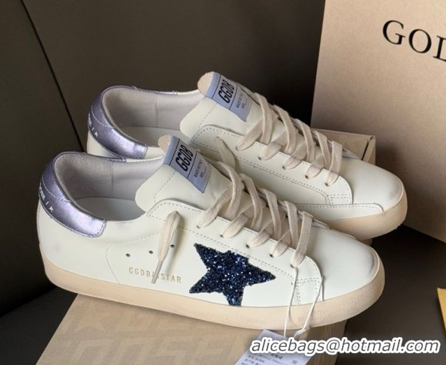 Discount Golden Goose Women's Super-Star in white leather with black glitter star and metallic purple heel tab 0902101