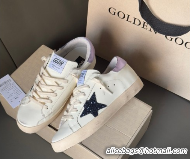 Discount Golden Goose Women's Super-Star in white leather with black glitter star and metallic purple heel tab 0902101