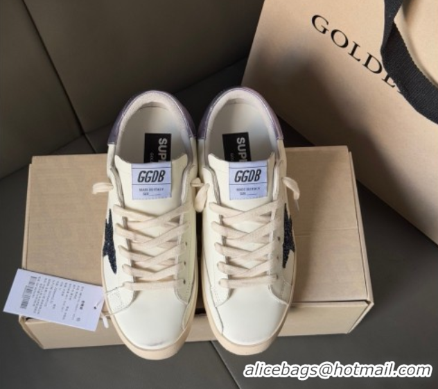 Discount Golden Goose Women's Super-Star in white leather with black glitter star and metallic purple heel tab 0902101