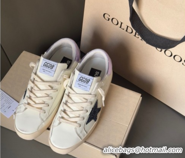 Discount Golden Goose Women's Super-Star in white leather with black glitter star and metallic purple heel tab 0902101