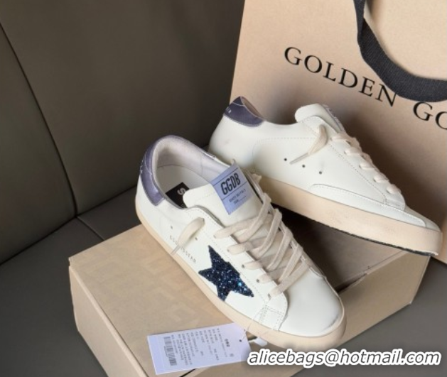Discount Golden Goose Women's Super-Star in white leather with black glitter star and metallic purple heel tab 0902101