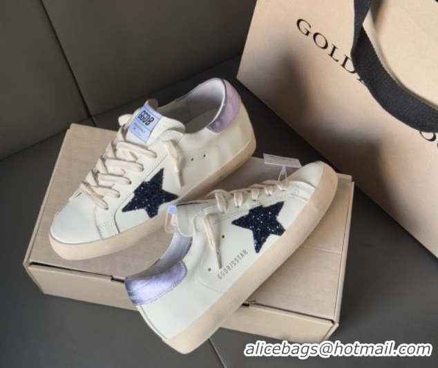 Discount Golden Goose Women's Super-Star in white leather with black glitter star and metallic purple heel tab 0902101