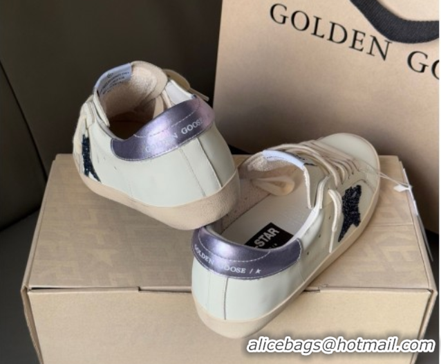 Discount Golden Goose Women's Super-Star in white leather with black glitter star and metallic purple heel tab 0902101