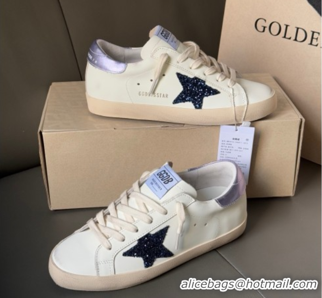 Discount Golden Goose Women's Super-Star in white leather with black glitter star and metallic purple heel tab 0902101
