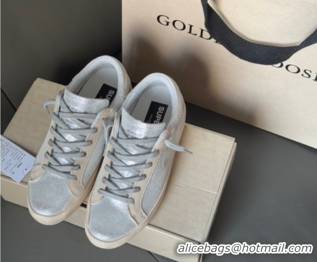 Top Grade Golden Goose Women's Super-Star in silver-tone leather with grey suede insert 0902102