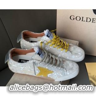 Unique Style Golden Goose Women's True-Star in white sequins with yellow star and silver leather heel tab 0902107
