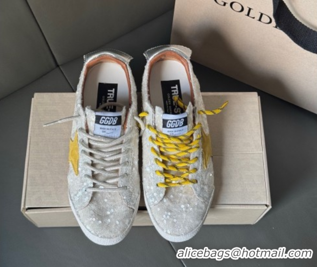 Unique Style Golden Goose Women's True-Star in white sequins with yellow star and silver leather heel tab 0902107