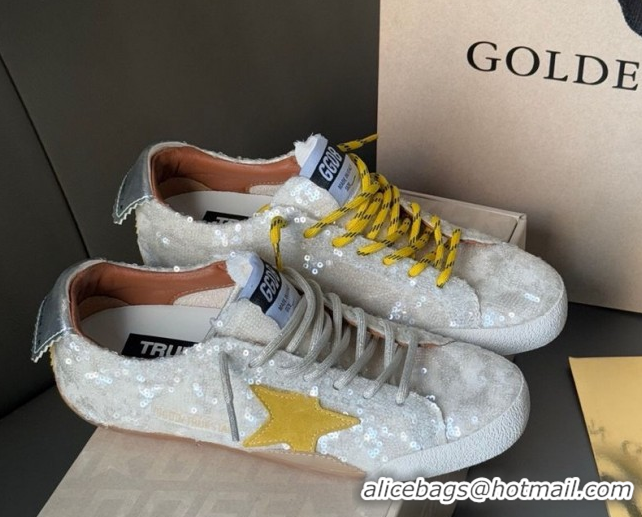 Unique Style Golden Goose Women's True-Star in white sequins with yellow star and silver leather heel tab 0902107