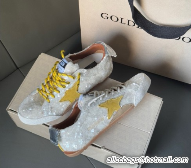 Unique Style Golden Goose Women's True-Star in white sequins with yellow star and silver leather heel tab 0902107
