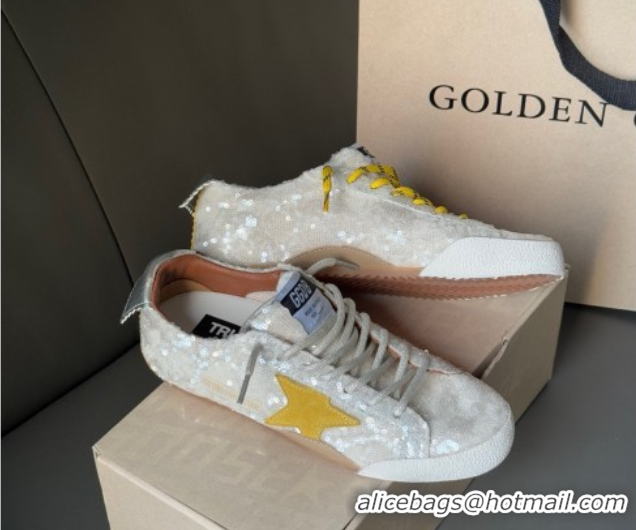 Unique Style Golden Goose Women's True-Star in white sequins with yellow star and silver leather heel tab 0902107