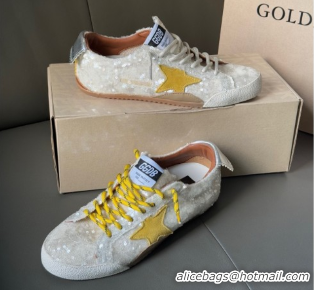 Unique Style Golden Goose Women's True-Star in white sequins with yellow star and silver leather heel tab 0902107