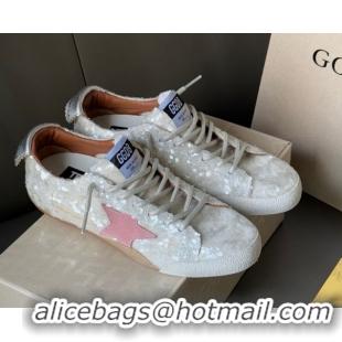 Luxurious Golden Goose Women's True-Star in white sequins with pink star and silver leather heel tab 0902108