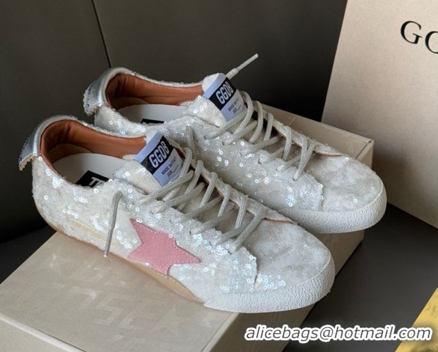 Luxurious Golden Goose Women's True-Star in white sequins with pink star and silver leather heel tab 0902108