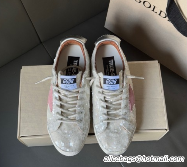 Luxurious Golden Goose Women's True-Star in white sequins with pink star and silver leather heel tab 0902108