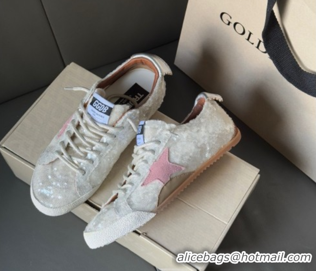 Luxurious Golden Goose Women's True-Star in white sequins with pink star and silver leather heel tab 0902108