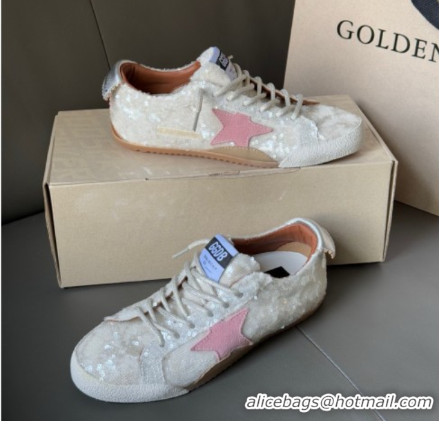 Luxurious Golden Goose Women's True-Star in white sequins with pink star and silver leather heel tab 0902108
