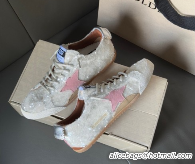 Luxurious Golden Goose Women's True-Star in white sequins with pink star and silver leather heel tab 0902108