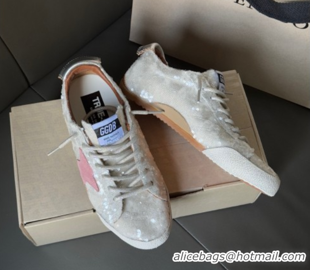 Luxurious Golden Goose Women's True-Star in white sequins with pink star and silver leather heel tab 0902108