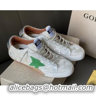 Perfect Golden Goose Women's True-Star in white sequins with green star and silver leather heel tab 0902109