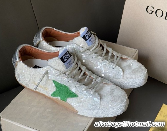 Perfect Golden Goose Women's True-Star in white sequins with green star and silver leather heel tab 0902109