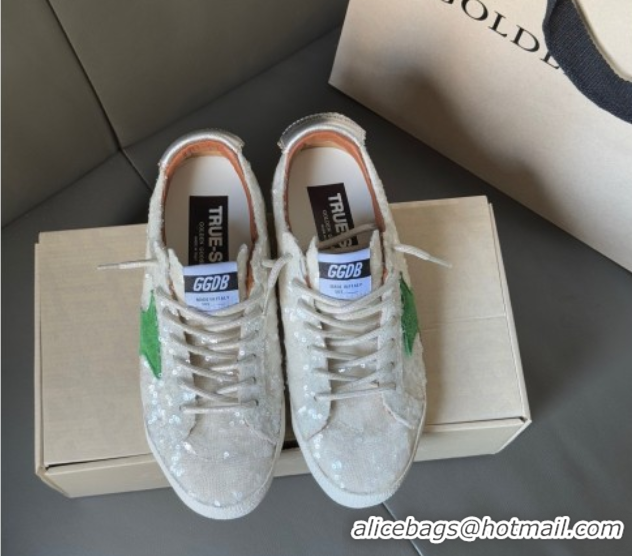 Perfect Golden Goose Women's True-Star in white sequins with green star and silver leather heel tab 0902109
