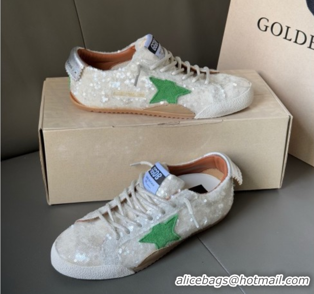 Perfect Golden Goose Women's True-Star in white sequins with green star and silver leather heel tab 0902109