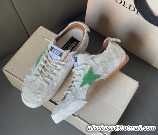 Perfect Golden Goose Women's True-Star in white sequins with green star and silver leather heel tab 0902109
