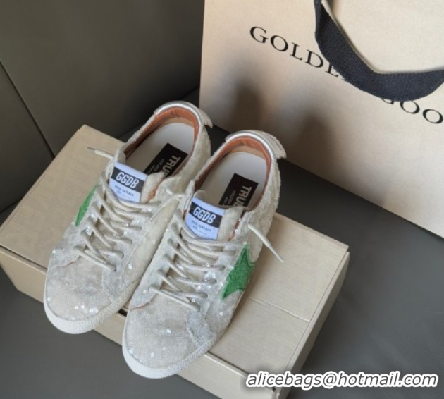 Perfect Golden Goose Women's True-Star in white sequins with green star and silver leather heel tab 0902109