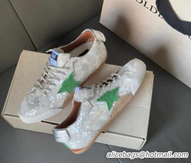 Perfect Golden Goose Women's True-Star in white sequins with green star and silver leather heel tab 0902109