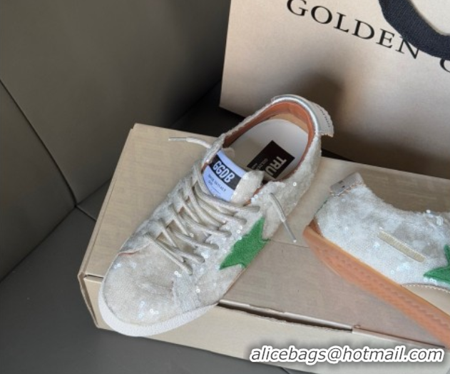 Perfect Golden Goose Women's True-Star in white sequins with green star and silver leather heel tab 0902109