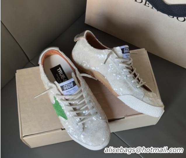 Perfect Golden Goose Women's True-Star in white sequins with green star and silver leather heel tab 0902109