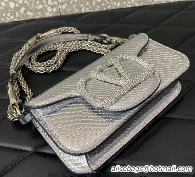 Reasonable Price Valentino Loco Small Shoulder Bag in Snakeskin Embossed Leather with Strass VLTN5030 Silver 2024