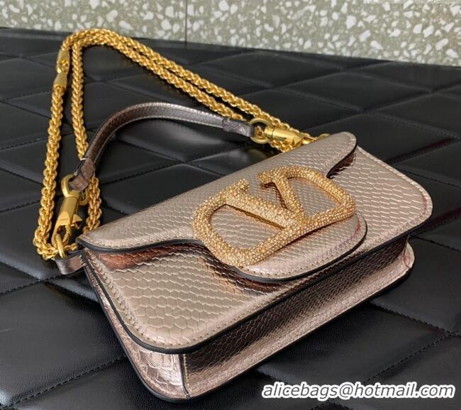 Top Quality Valentino Loco Small Shoulder Bag in Snakeskin Embossed Leather with Strass VLTN5030 Pink 2024