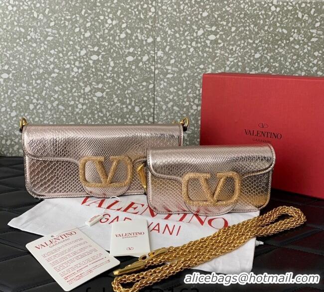 Top Quality Valentino Loco Small Shoulder Bag in Snakeskin Embossed Leather with Strass VLTN5030 Pink 2024