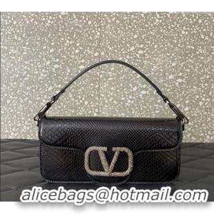 Promotional Valentino Loco Medium Shoulder Bag in Snakeskin Embossed Leather with Strass VLTN6030 Black 2024