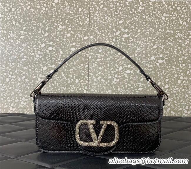 Promotional Valentino Loco Medium Shoulder Bag in Snakeskin Embossed Leather with Strass VLTN6030 Black 2024