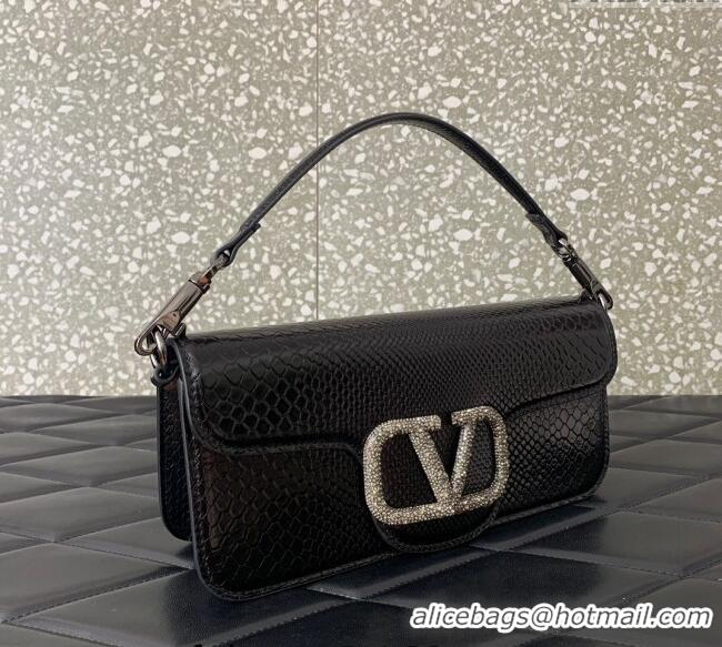 Promotional Valentino Loco Medium Shoulder Bag in Snakeskin Embossed Leather with Strass VLTN6030 Black 2024
