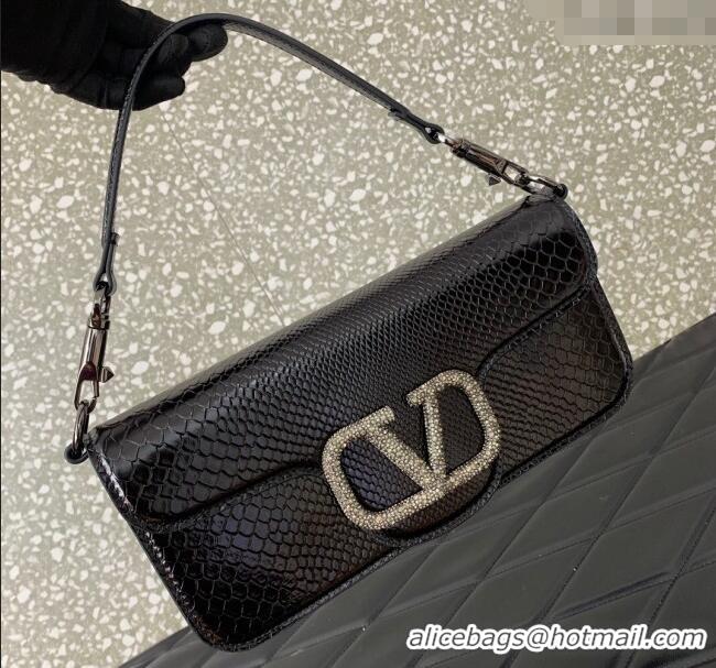 Promotional Valentino Loco Medium Shoulder Bag in Snakeskin Embossed Leather with Strass VLTN6030 Black 2024