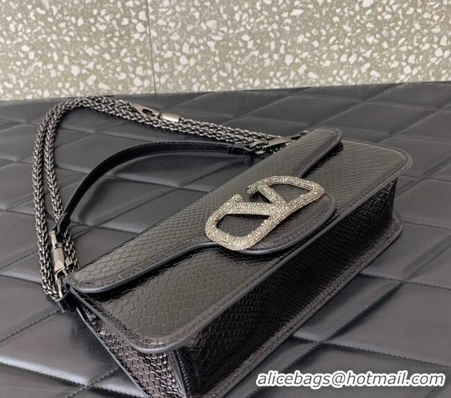 Promotional Valentino Loco Medium Shoulder Bag in Snakeskin Embossed Leather with Strass VLTN6030 Black 2024