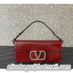 New Fashion Valentino Loco Medium Shoulder Bag in Snakeskin Embossed Leather with Strass VLTN6030 Dark Red 2024