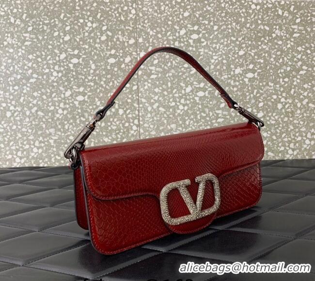 New Fashion Valentino Loco Medium Shoulder Bag in Snakeskin Embossed Leather with Strass VLTN6030 Dark Red 2024