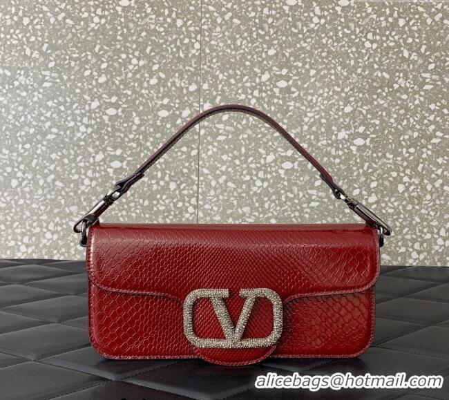 New Fashion Valentino Loco Medium Shoulder Bag in Snakeskin Embossed Leather with Strass VLTN6030 Dark Red 2024